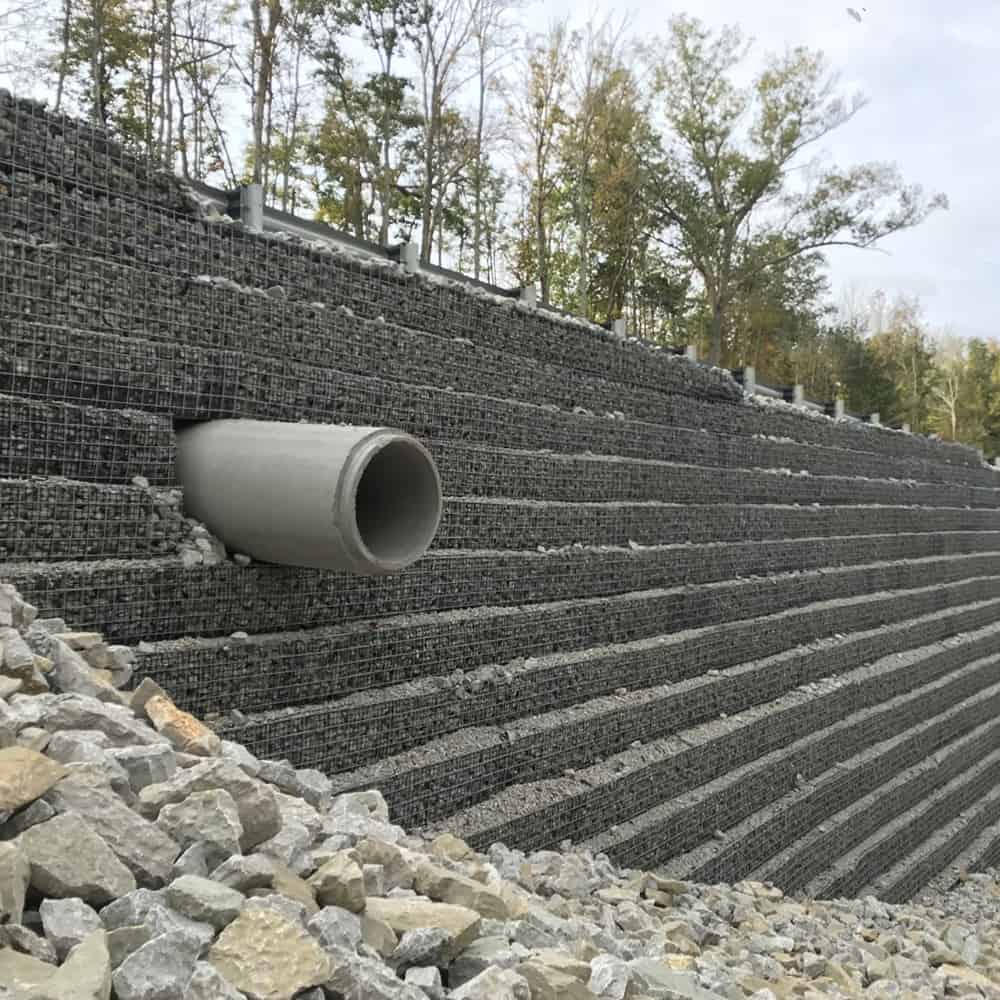 Gabions used near outflow for wall stabilization